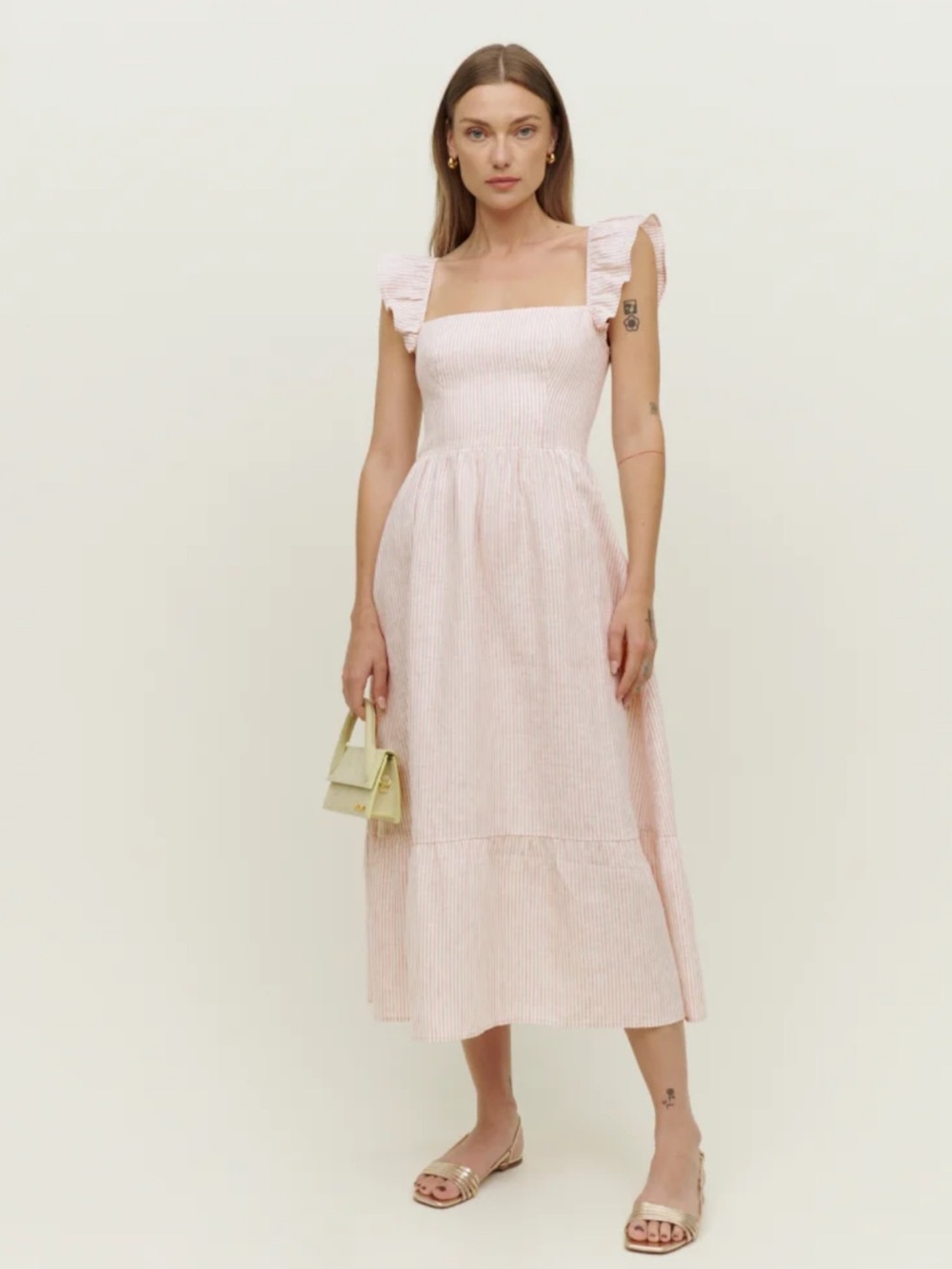 Reformation Lucila Pink and White Striped Midi Dress with Ruffle Sleeves